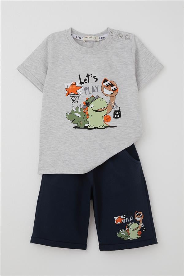 Boys' Playtime Shorts Set with Happy Animals Print, Light Grey Melange (Ages 1-4)