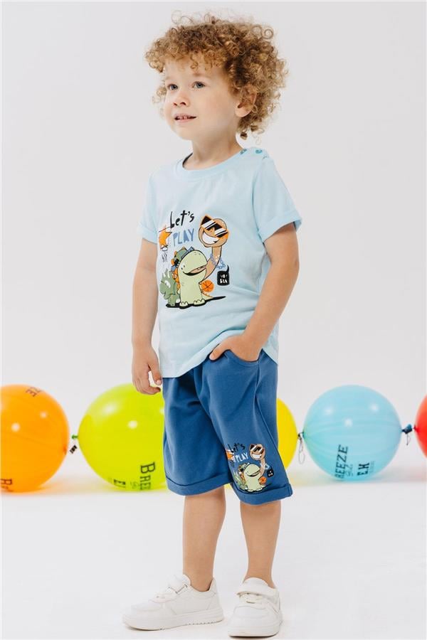 Boys' Playtime Shorts Set with Happy Animals Print, Light Blue (Ages 1-3)