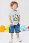 Boys' Playtime Shorts Set with Happy Animals Print, Light Blue (Ages 1-3)