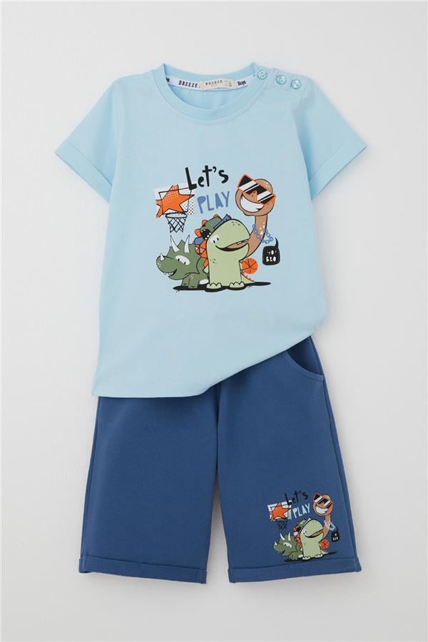 Boys' Playtime Shorts Set with Happy Animals Print, Light Blue (Ages 1-3)