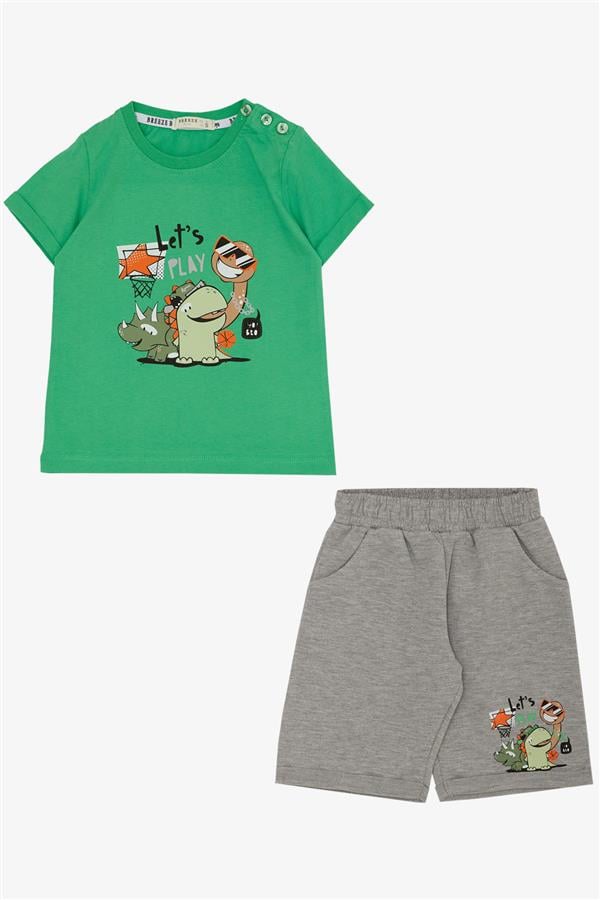 Boys' Playtime Shorts Set with Happy Animals Print, Green (Ages 1-4)