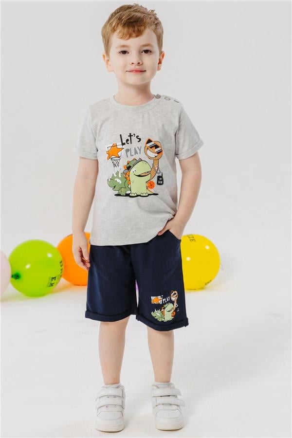 Boys' Playtime Shorts Set with Happy Animals Print, Light Grey Melange (Ages 1-4)