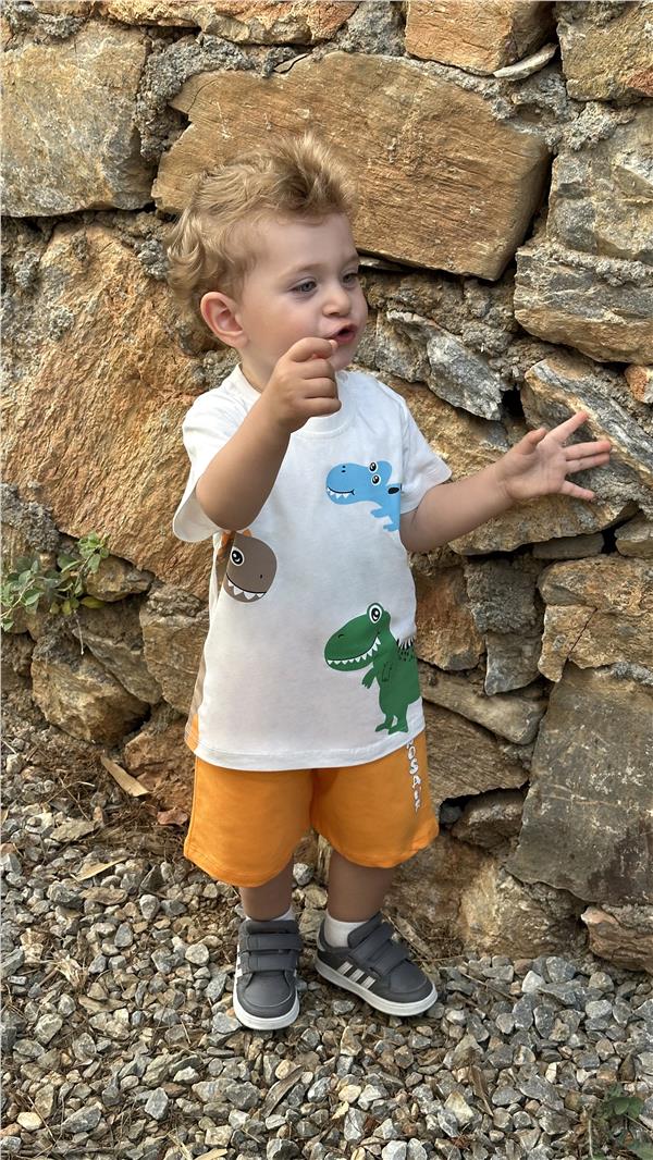 Baby Boy Shorts Set with Cute Dinosaur Friends Print, White (1.5-2 Years)