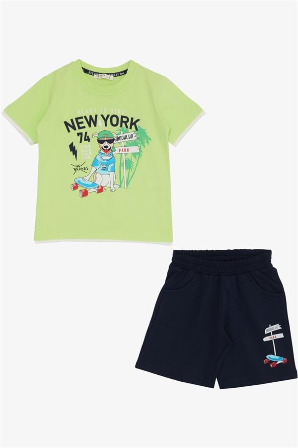 Boys' Shorts Set with Cute Free-spirited Skateboarding Puppy Print, Pistachio Green (Ages 2-6)