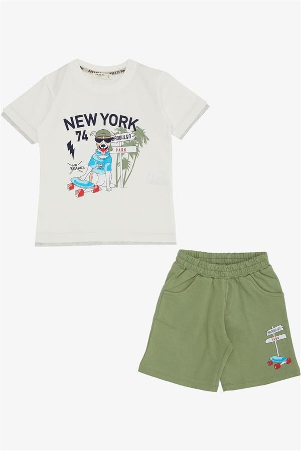 Boys' Shorts Set with Cute Free-spirited Skateboarding Puppy Print, Off-White (Ages 2-6)