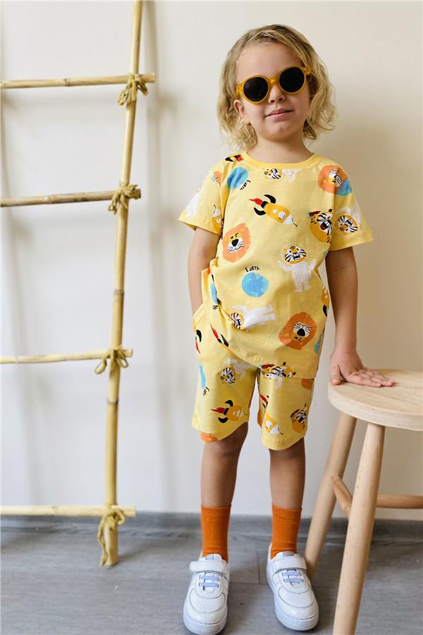 Baby Boy Shorts Set, Space Pattern, Astronaut and Animal Print, Yellow (1.5-2 Years)