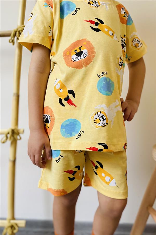 Baby Boy Shorts Set, Space Pattern, Astronaut and Animal Print, Yellow (1.5-2 Years)