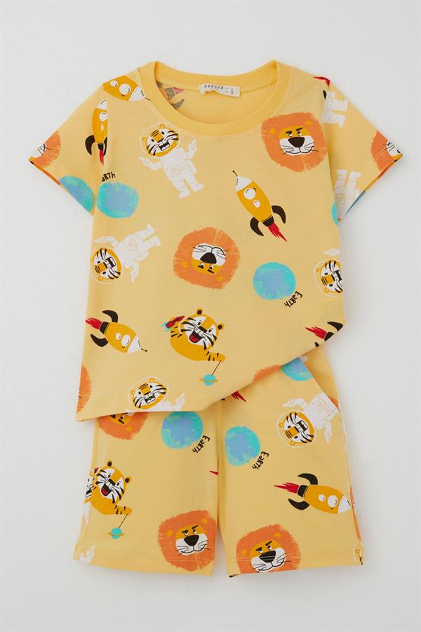Baby Boy Shorts Set, Space Pattern, Astronaut and Animal Print, Yellow (1.5-2 Years)