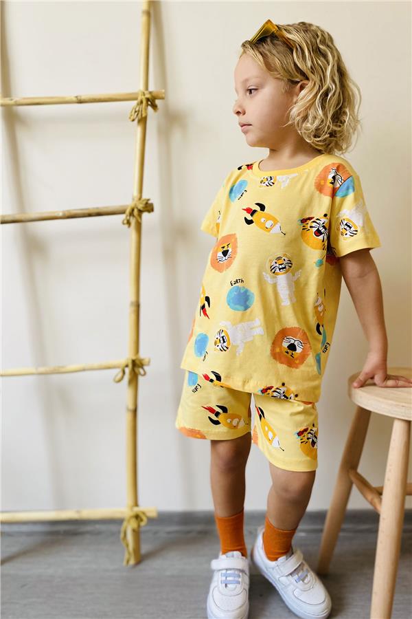 Baby Boy Shorts Set, Space Pattern, Astronaut and Animal Print, Yellow (1.5-2 Years)
