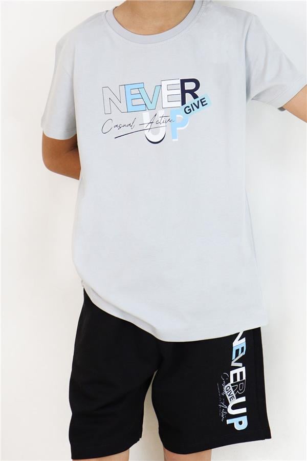 Boys' Shorts Set with Printed Text and Pockets, Light Grey (Ages 8-14)