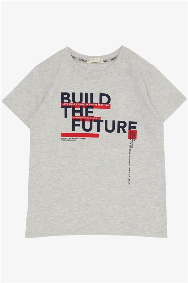 Boys' Shorts Set with Printed Text and Pockets, Light Grey Melange (Ages 8-14)