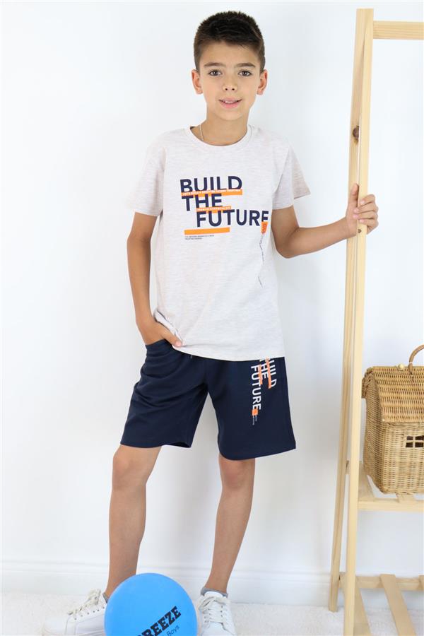 Boys' Shorts Set with Printed Text and Pockets, Beige Melange (Ages 8-14)