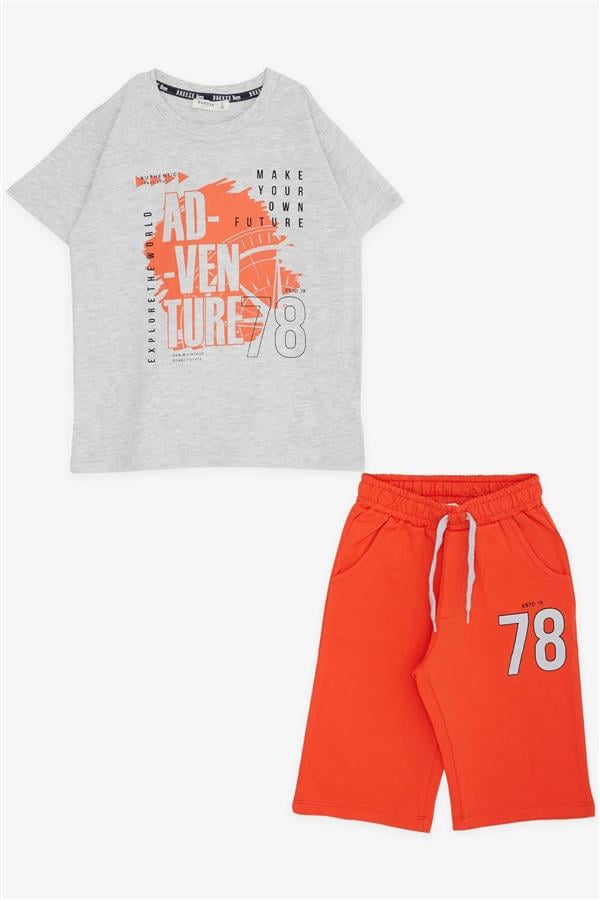 Boys' Shorts Set with Printed Text and Drawstring Accessories, Light Grey Melange (Ages 5-10)