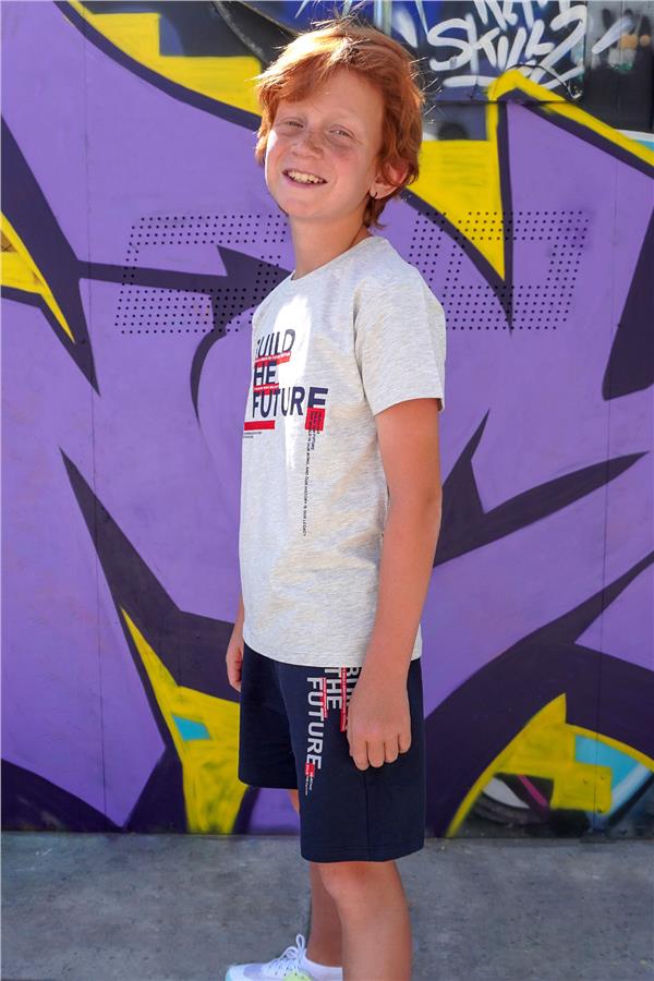 Boys' Shorts Set with Printed Text and Pockets, Light Grey Melange (Ages 8-14)