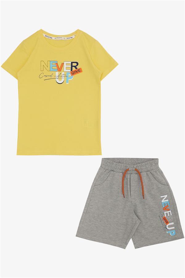 Boys' Shorts Set with Printed Text and Pockets, Yellow (Ages 8-14)