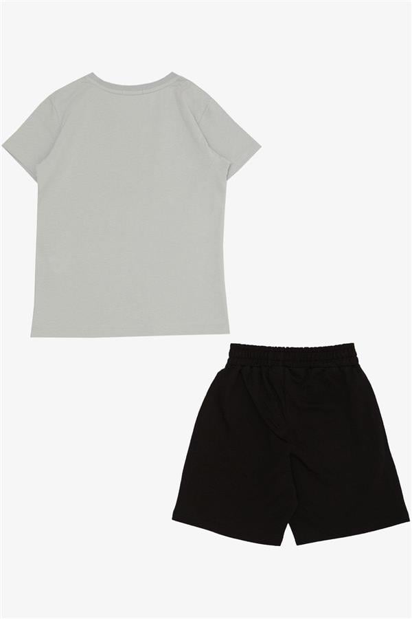 Boys' Shorts Set with Printed Text and Pockets, Light Grey (Ages 8-14)