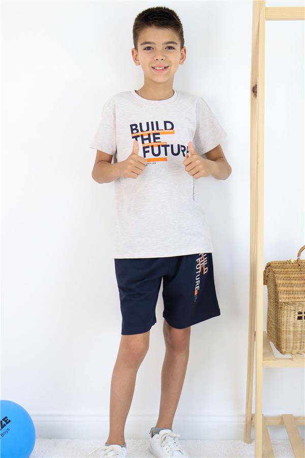 Boys' Shorts Set with Printed Text and Pockets, Beige Melange (Ages 8-14)