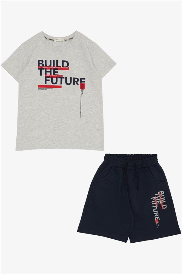 Boys' Shorts Set with Printed Text and Pockets, Beige Melange (Ages 8-14)