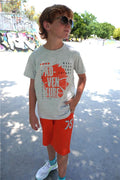Boys' Shorts Set with Printed Text and Drawstring Accessories, Light Grey Melange (Ages 5-10)