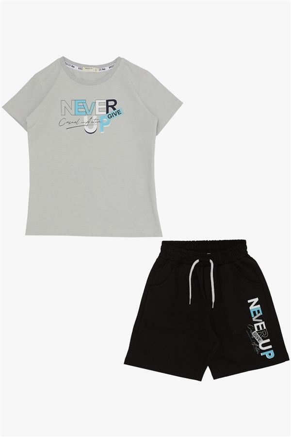 Boys' Shorts Set with Printed Text and Pockets, Light Grey (Ages 8-14)