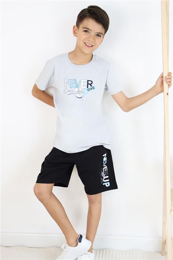 Boys' Shorts Set with Printed Text and Pockets, Light Grey (Ages 8-14)