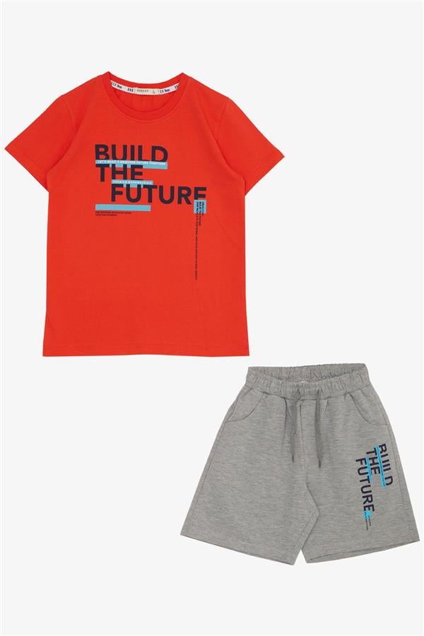 Boys' Shorts Set with Printed Text and Pockets, Pomegranate Color (Ages 8-14)