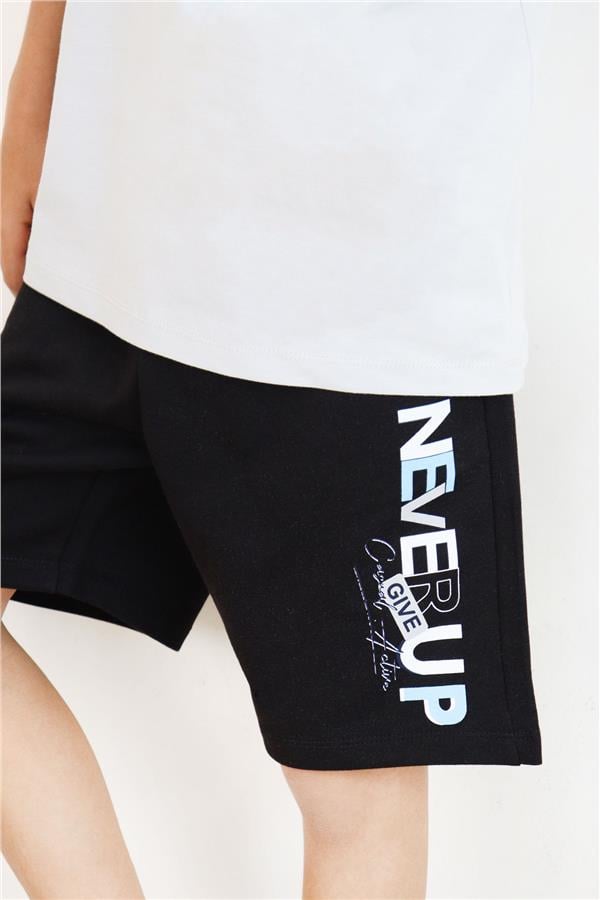 Boys' Shorts Set with Printed Text and Pockets, Light Grey (Ages 8-14)