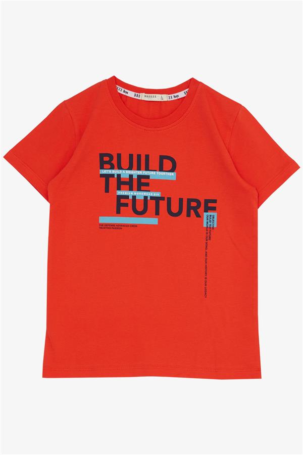 Boys' Shorts Set with Printed Text and Pockets, Pomegranate Color (Ages 8-14)