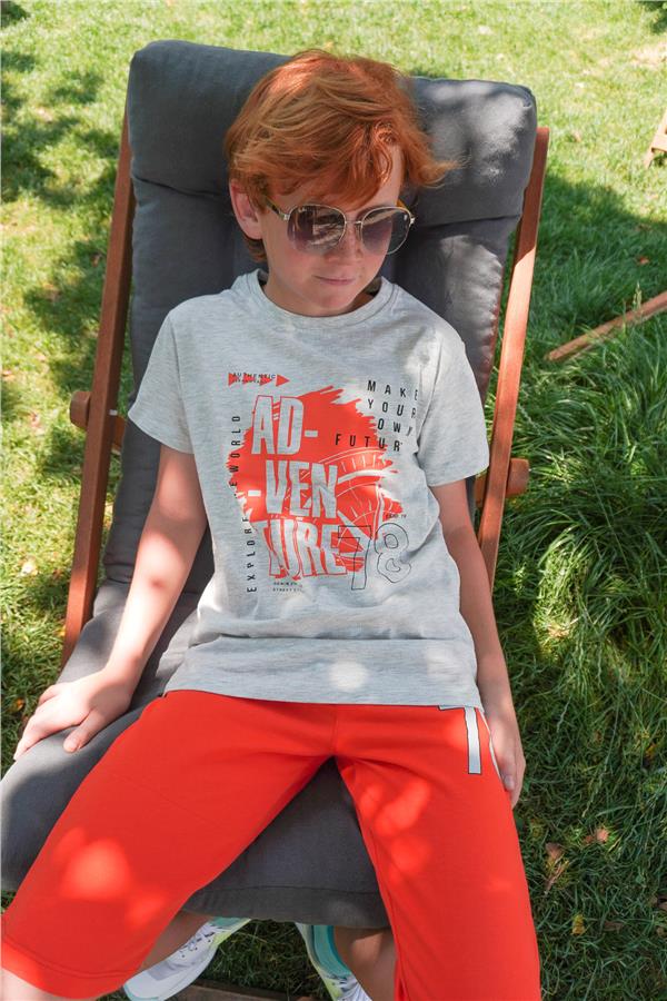 Boys' Shorts Set with Printed Text and Drawstring Accessories, Light Grey Melange (Ages 5-10)