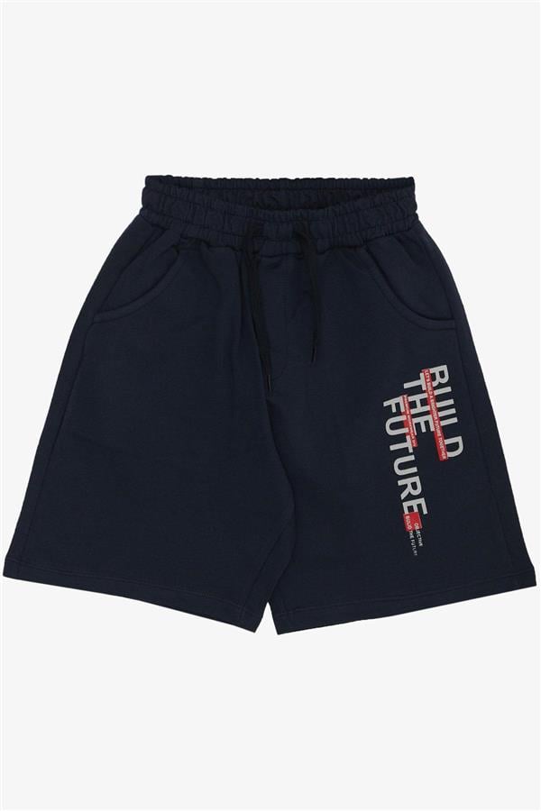 Boys' Shorts Set with Printed Text and Pockets, Light Grey Melange (Ages 8-14)
