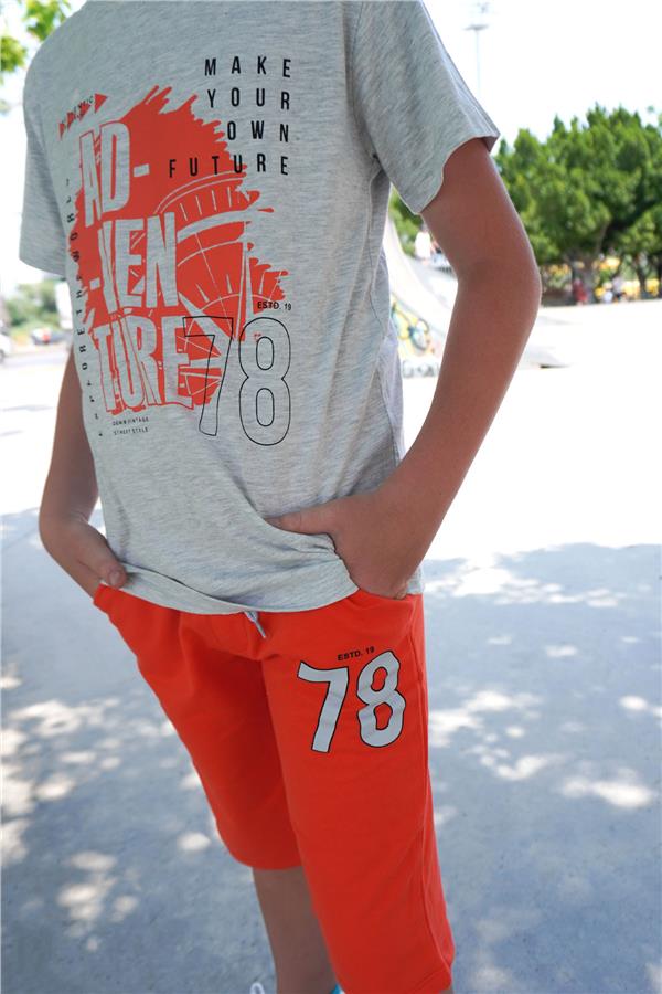 Boys' Shorts Set with Printed Text and Drawstring Accessories, Light Grey Melange (Ages 5-10)