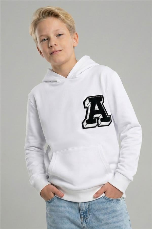 Boys' Sweatshirt with Letter A Embroidered Embroidered Patch, White (Ages 9-14)