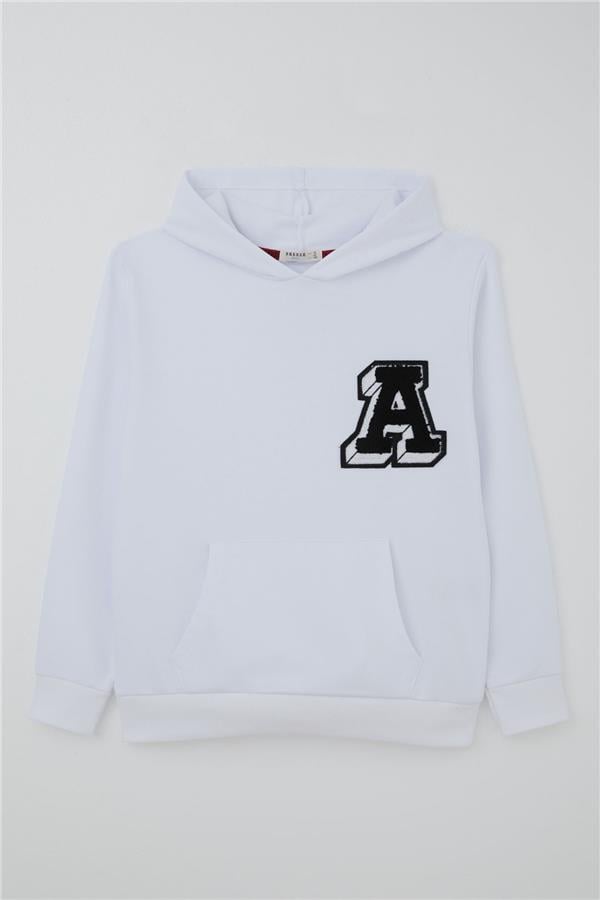 Boys' Sweatshirt with Letter A Embroidered Embroidered Patch, White (Ages 9-14)