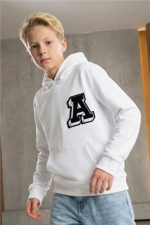 Boys' Sweatshirt with Letter A Embroidered Embroidered Patch, White (Ages 9-14)