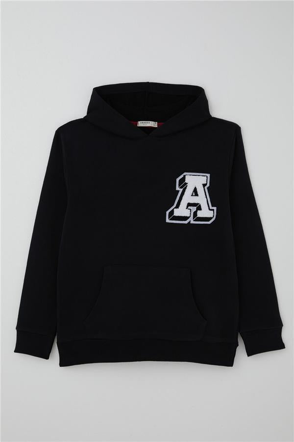 Boys' Sweatshirt with Embroidered Letter A, Black (Ages 9-14)