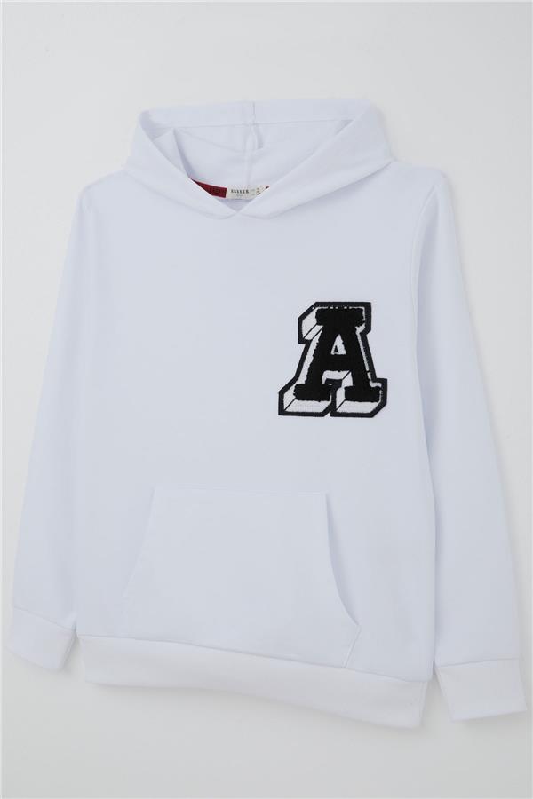 Boys' Sweatshirt with Letter A Embroidered Embroidered Patch, White (Ages 9-14)