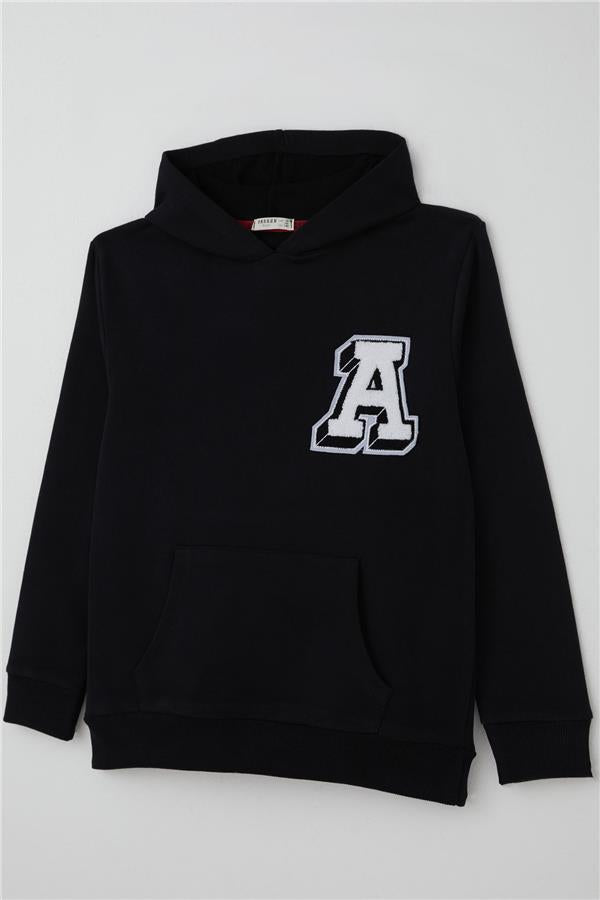 Boys' Sweatshirt with Embroidered Letter A, Black (Ages 9-14)