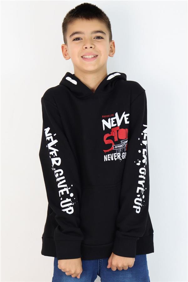 Boys' Sweatshirt with Kangaroo Pocket, Hooded, Black (Ages 9-16)