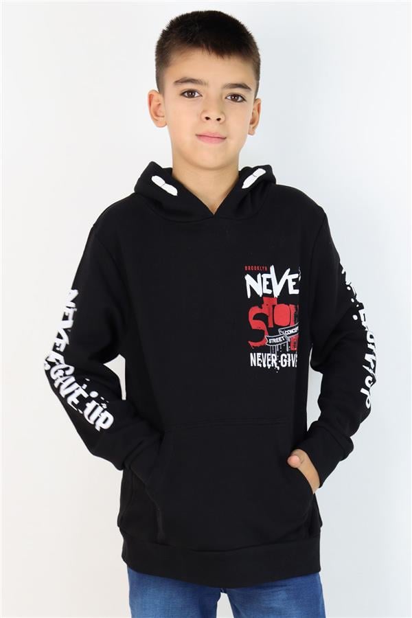Boys' Sweatshirt with Kangaroo Pocket, Hooded, Black (Ages 9-16)