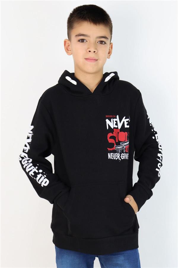 Boys' Sweatshirt with Kangaroo Pocket, Hooded, Black (Ages 9-16)