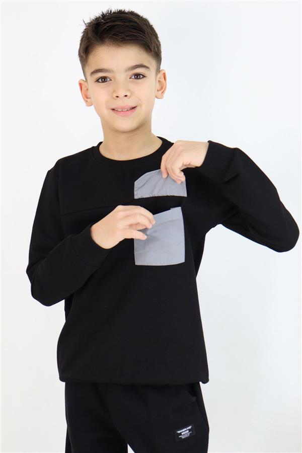Boys' Sweatshirt with Flap Pocket Detail, Black (Ages 6-12)