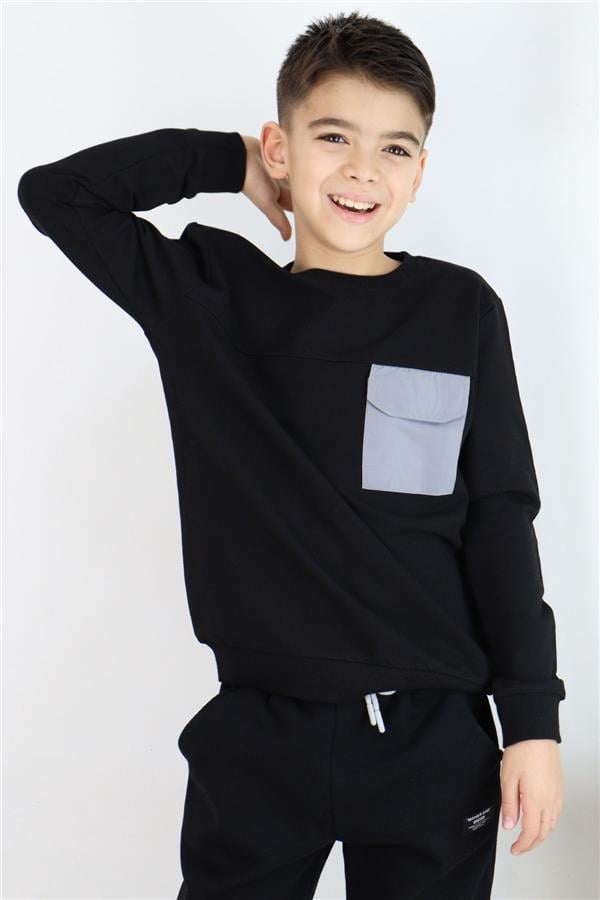 Boys' Sweatshirt with Flap Pocket Detail, Black (Ages 6-12)