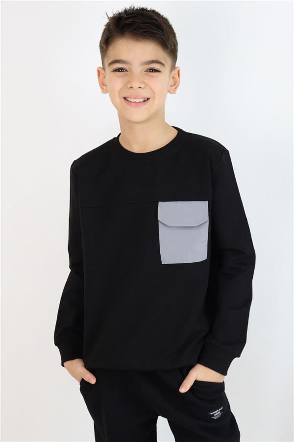 Boys' Sweatshirt with Flap Pocket Detail, Black (Ages 6-12)