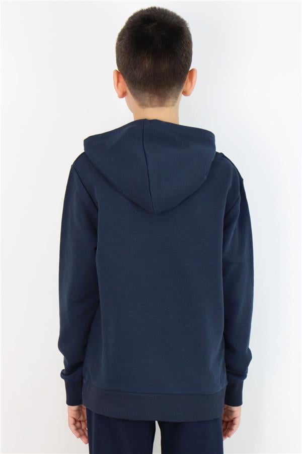 Boys' Sweatshirt with Printed Text, Kangaroo Pocket, Hooded, Navy Blue (Ages 8-14)