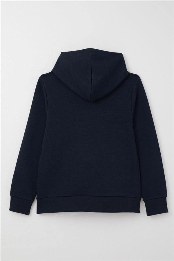 Boys' Sweatshirt with Printed Text, Kangaroo Pocket, Hooded, Navy Blue (Ages 8-14)