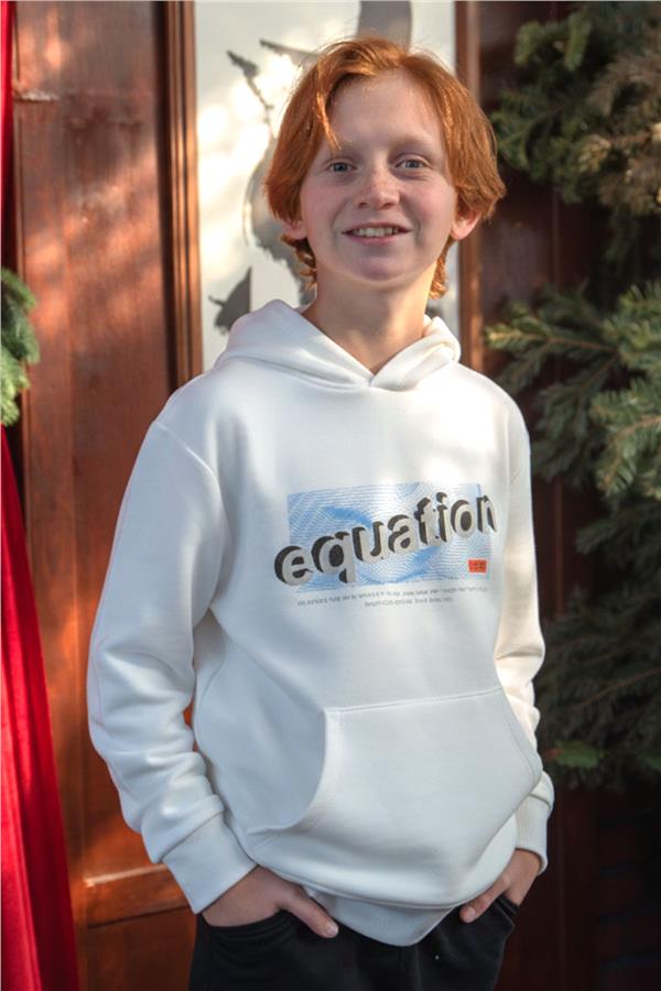 Boys' Sweatshirt with Printed Text, Kangaroo Pocket, Hooded, White (Ages 8-14)