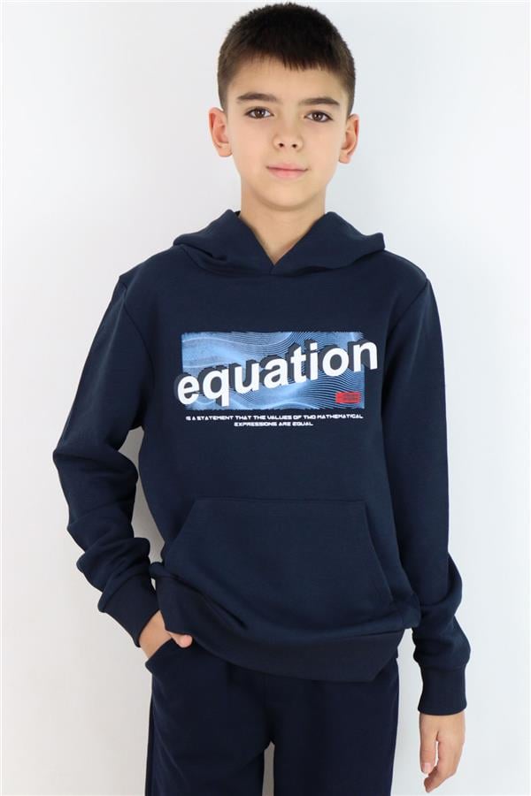 Boys' Sweatshirt with Printed Text, Kangaroo Pocket, Hooded, Navy Blue (Ages 8-14)