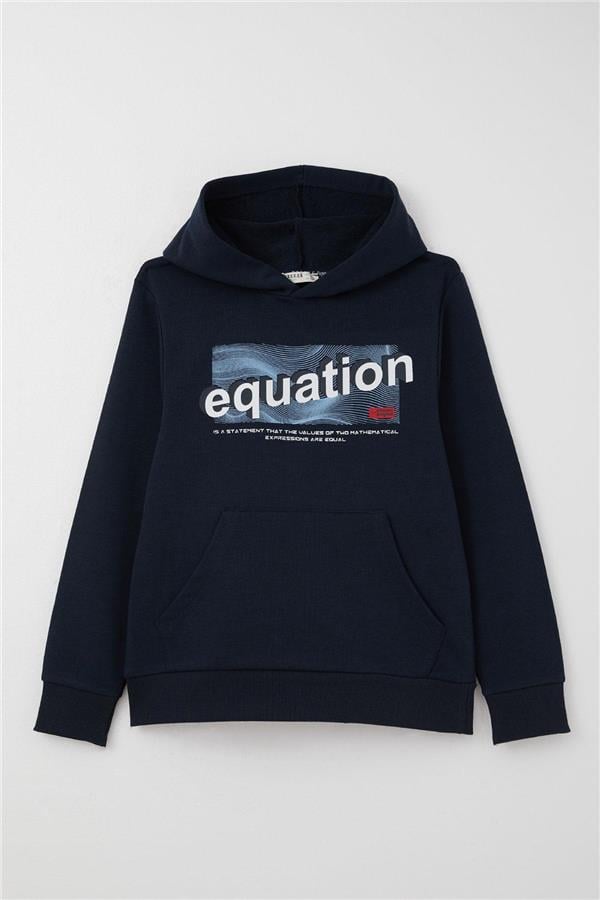Boys' Sweatshirt with Printed Text, Kangaroo Pocket, Hooded, Navy Blue (Ages 8-14)