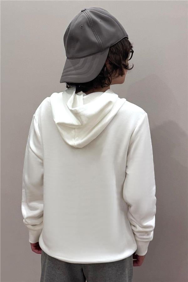 Boys' Sweatshirt with Printed Text, Kangaroo Pocket, Hooded, White (Ages 8-14)