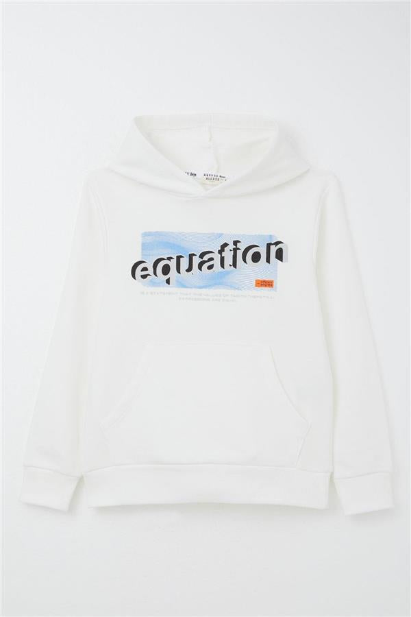 Boys' Sweatshirt with Printed Text, Kangaroo Pocket, Hooded, White (Ages 8-14)